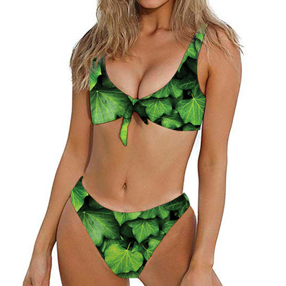 Green Ivy Leaf Print Front Bow Tie Bikini