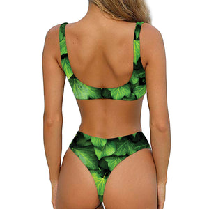 Green Ivy Leaf Print Front Bow Tie Bikini
