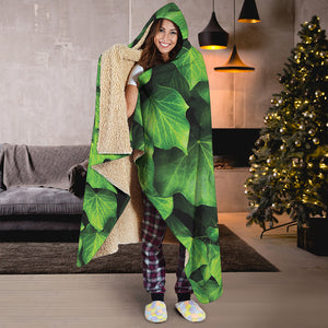 Green Ivy Leaf Print Hooded Blanket