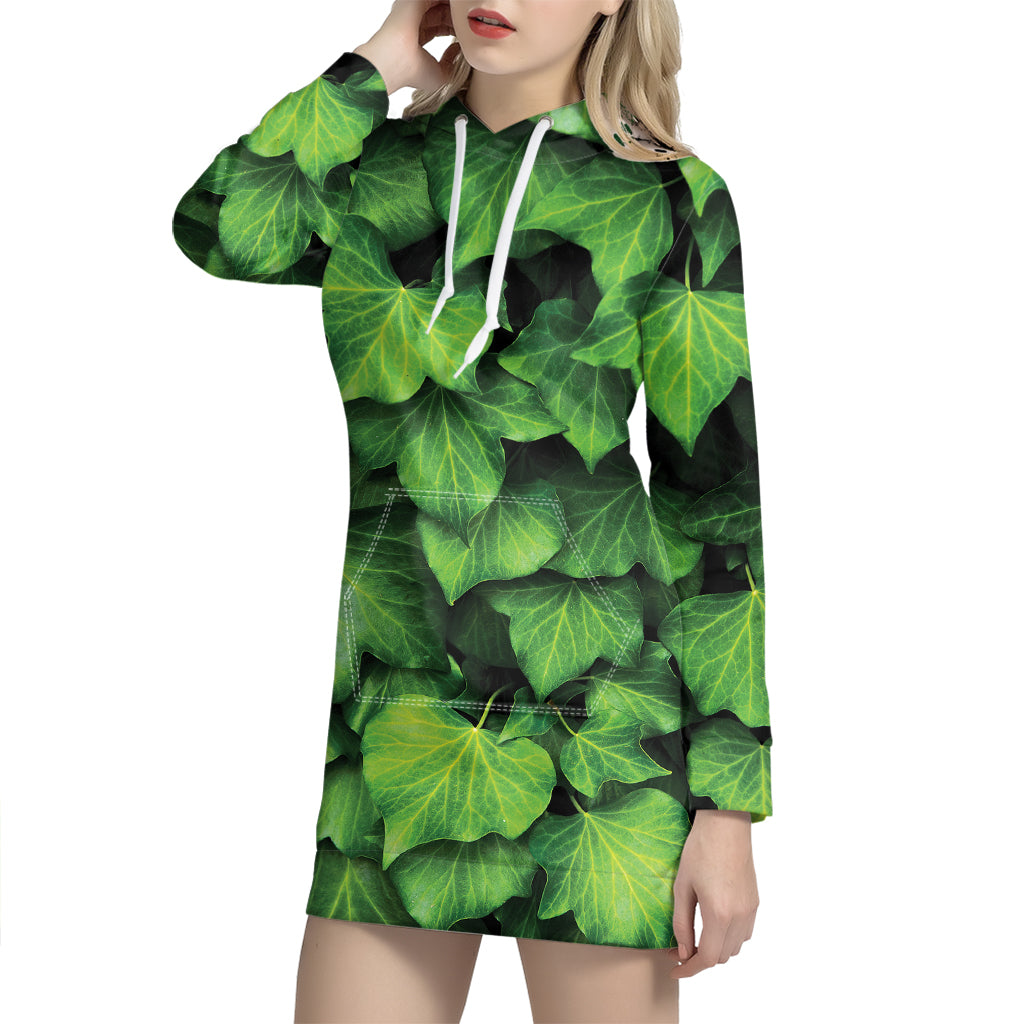 Green Ivy Leaf Print Hoodie Dress