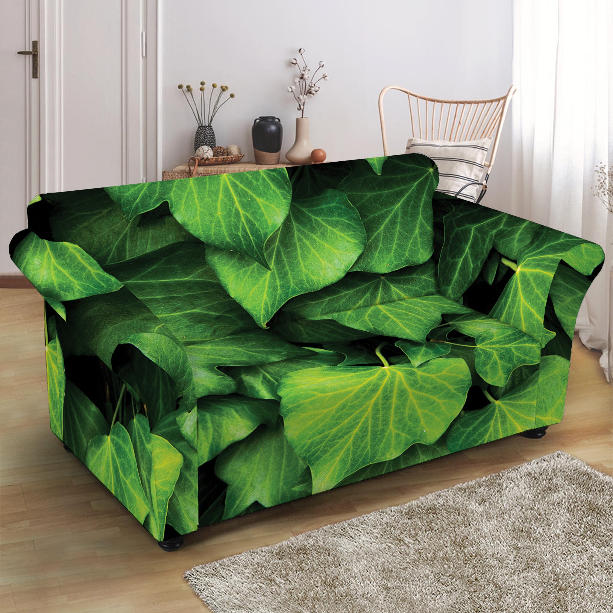 Green Ivy Leaf Print Loveseat Slipcover