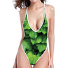 Green Ivy Leaf Print One Piece High Cut Swimsuit