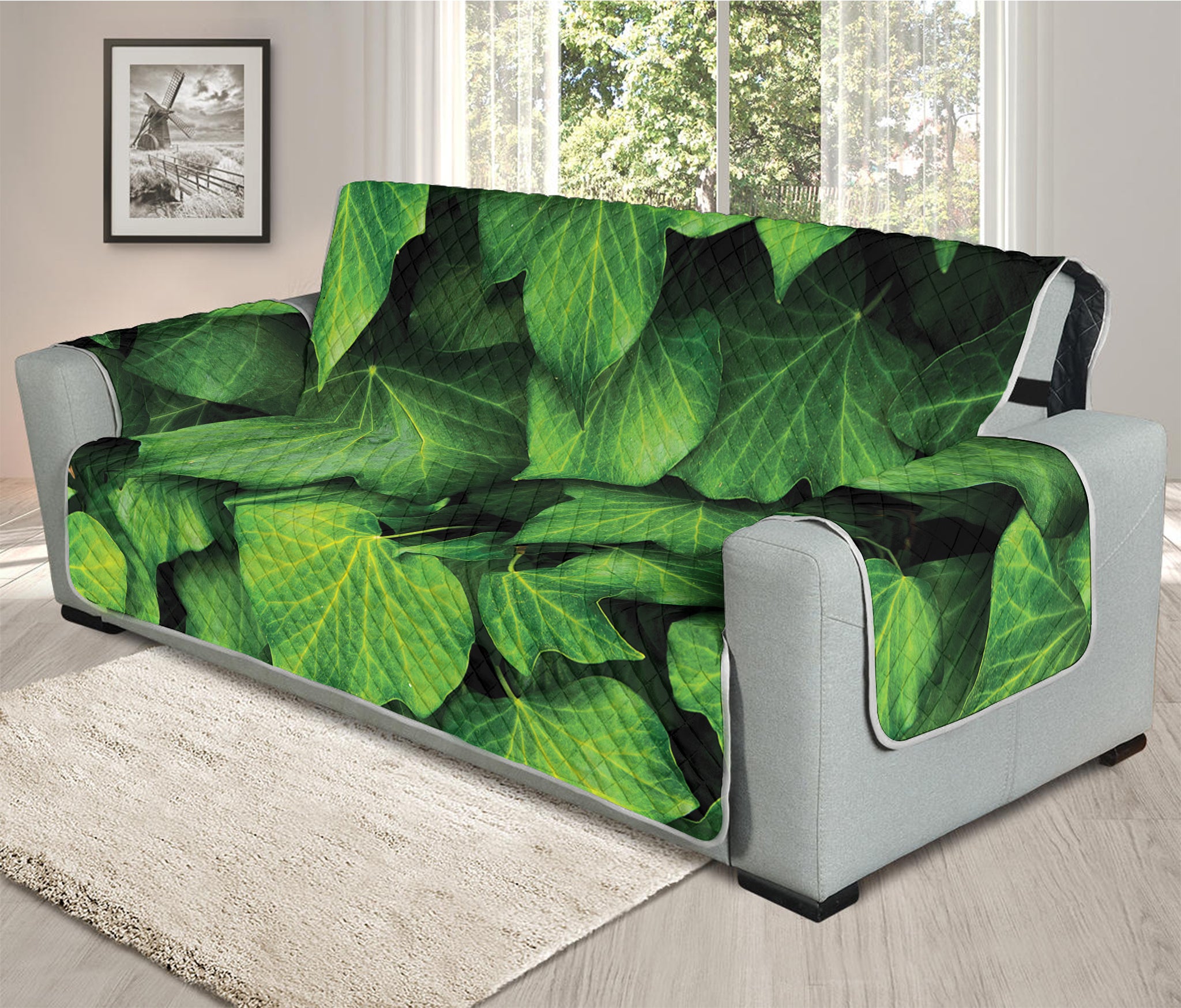 Green Ivy Leaf Print Oversized Sofa Protector