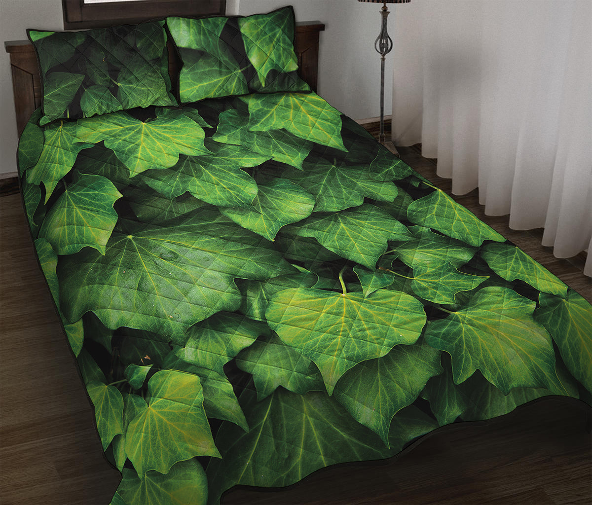 Green Ivy Leaf Print Quilt Bed Set