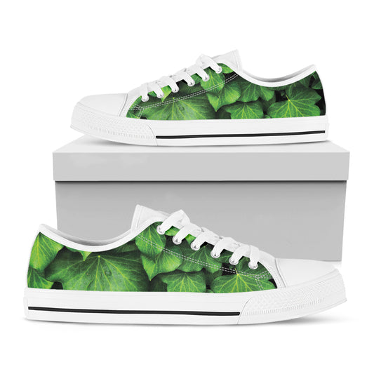 Green Ivy Leaf Print White Low Top Shoes