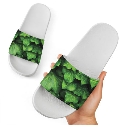 Green Ivy Leaf Print White Slide Sandals