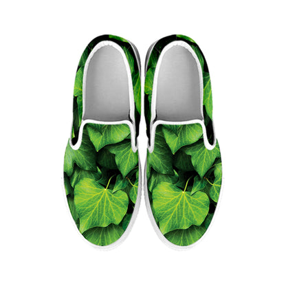 Green Ivy Leaf Print White Slip On Shoes