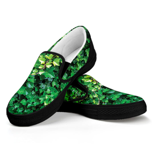 Green Ivy Wall Print Black Slip On Shoes