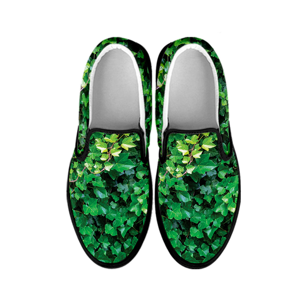 Green Ivy Wall Print Black Slip On Shoes