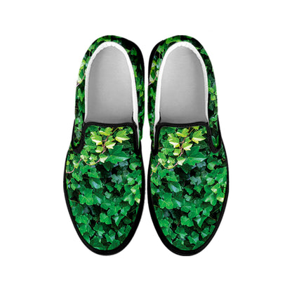 Green Ivy Wall Print Black Slip On Shoes