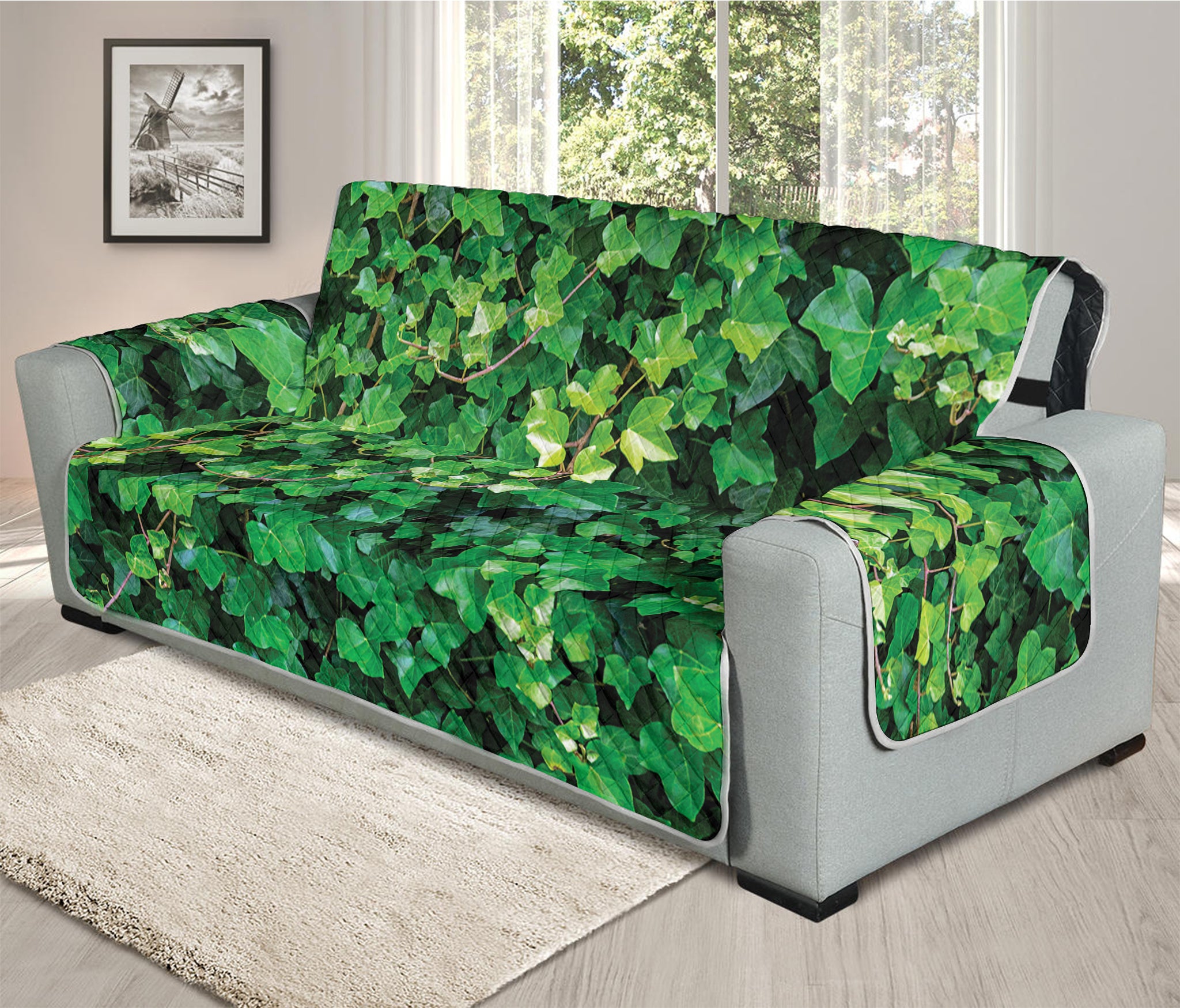 Green Ivy Wall Print Oversized Sofa Protector