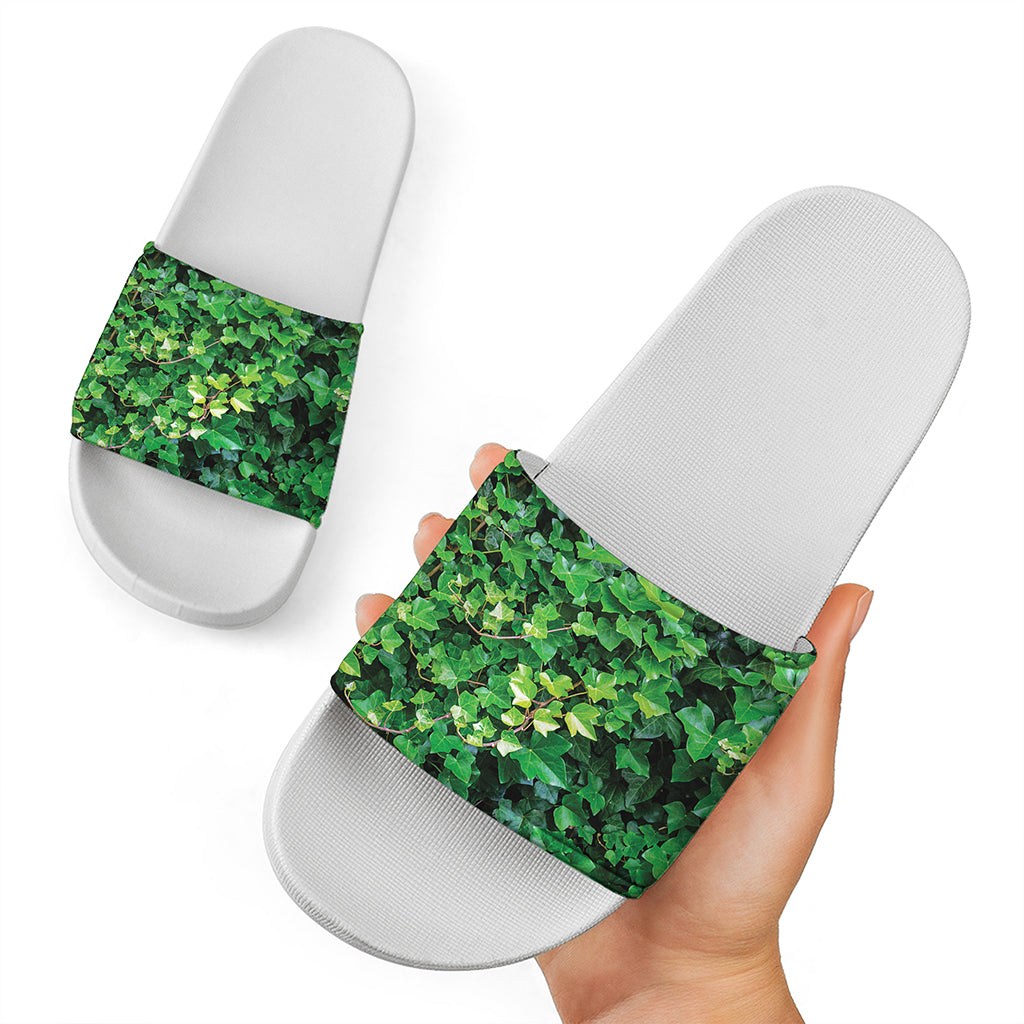 Green Ivy Wall Print White Slide Sandals