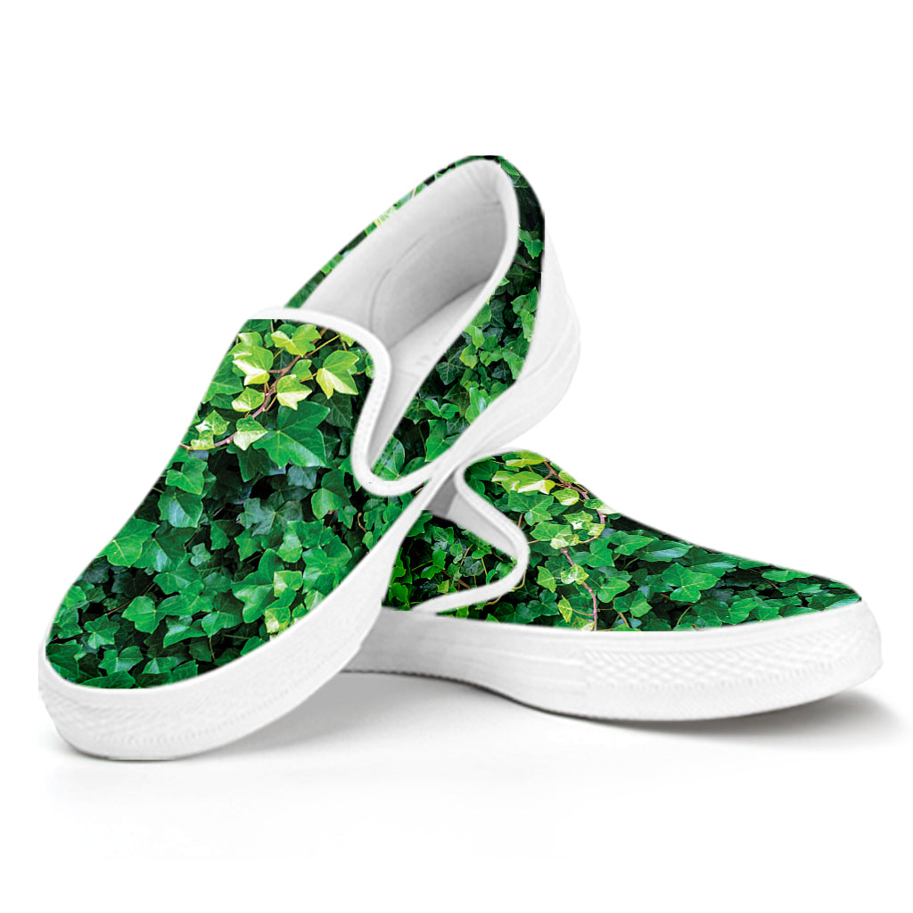 Green Ivy Wall Print White Slip On Shoes