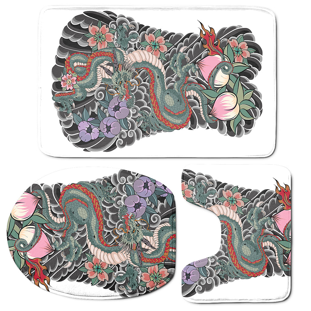 Green Japanese Dragon Tattoo Print 3 Piece Bath Mat Set