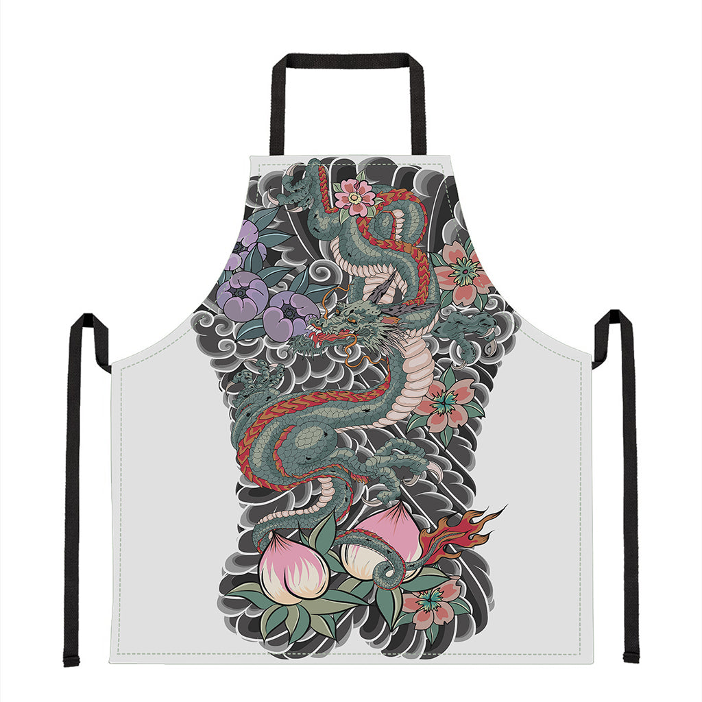 Green Japanese Dragon Tattoo Print Apron