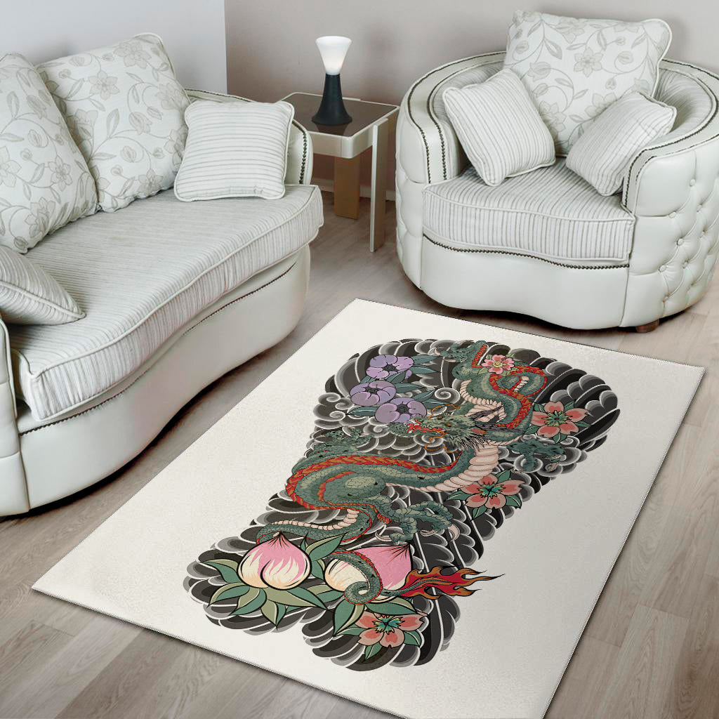 Green Japanese Dragon Tattoo Print Area Rug