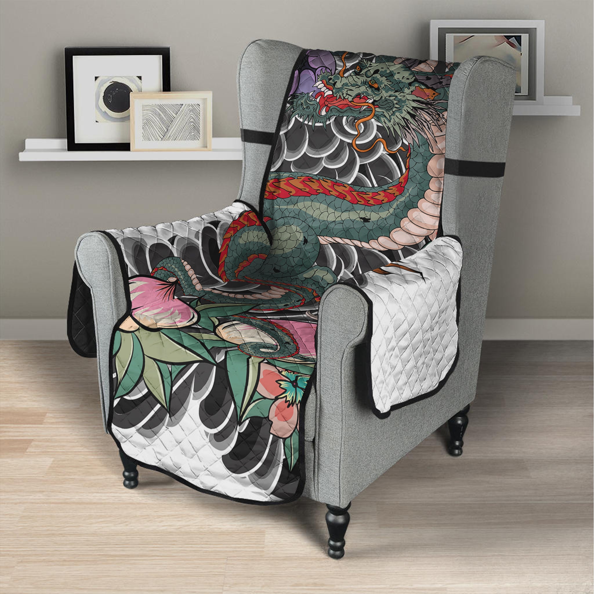 Green Japanese Dragon Tattoo Print Armchair Protector