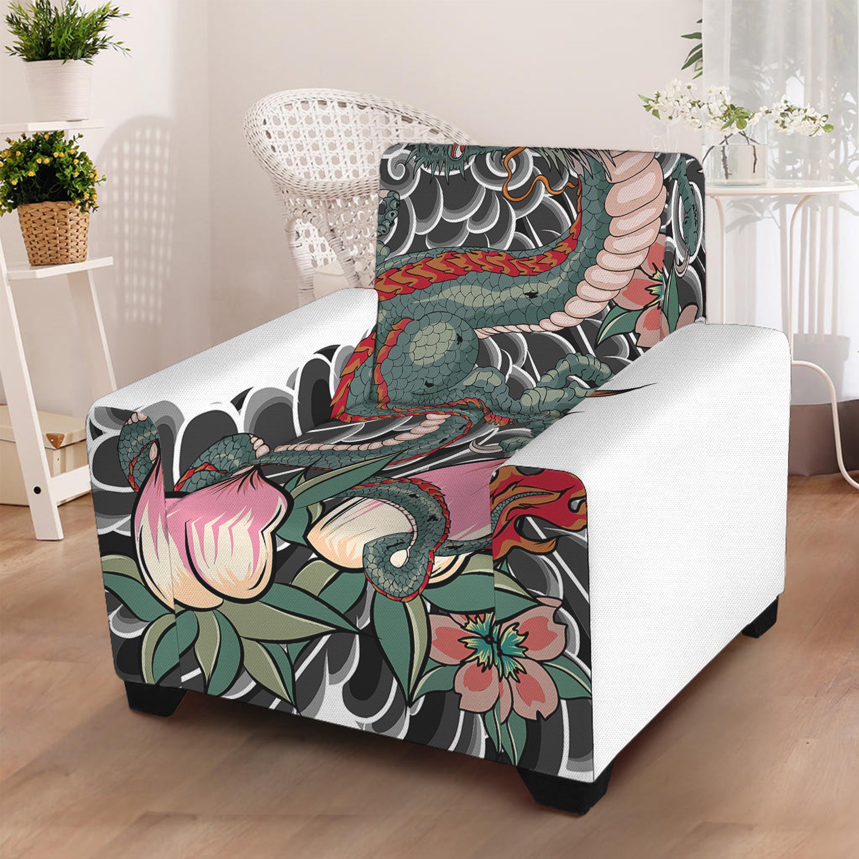 Green Japanese Dragon Tattoo Print Armchair Slipcover