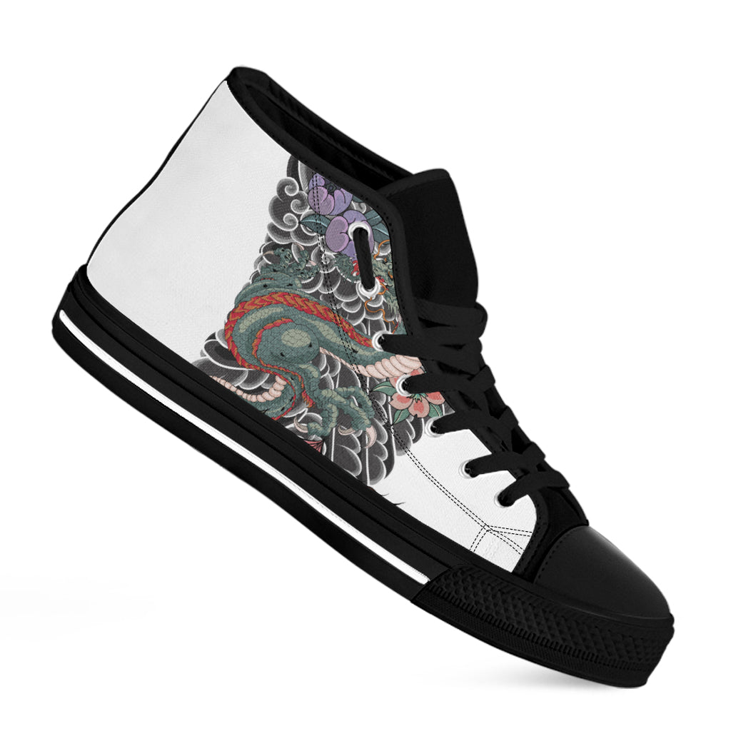 Green Japanese Dragon Tattoo Print Black High Top Shoes