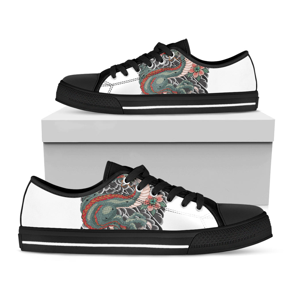 Green Japanese Dragon Tattoo Print Black Low Top Shoes 