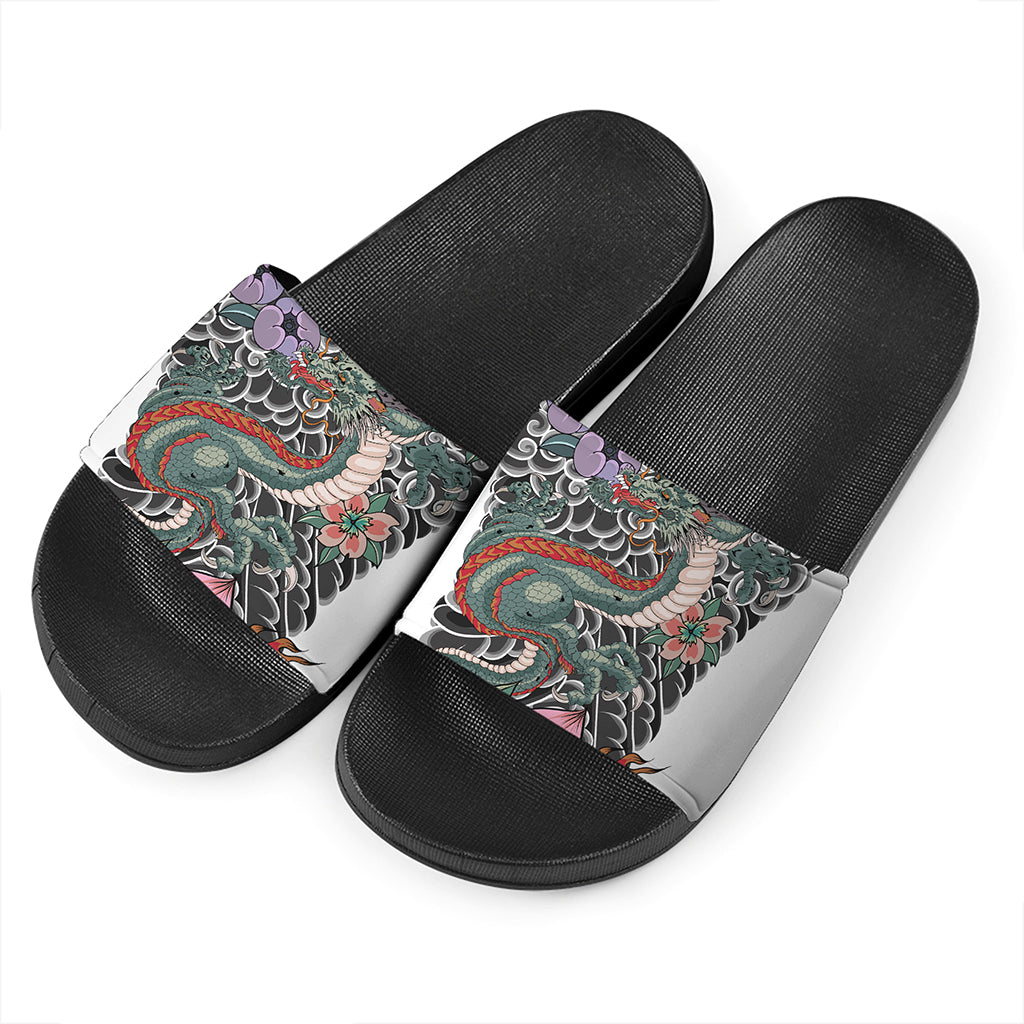 Green Japanese Dragon Tattoo Print Black Slide Sandals