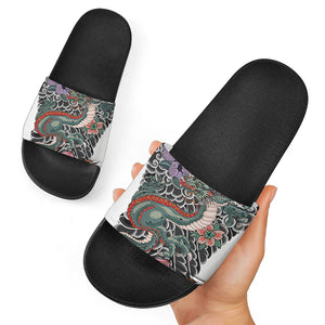 Green Japanese Dragon Tattoo Print Black Slide Sandals