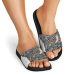 Green Japanese Dragon Tattoo Print Black Slide Sandals