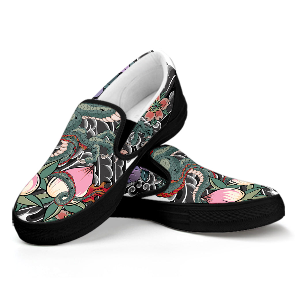 Green Japanese Dragon Tattoo Print Black Slip On Shoes