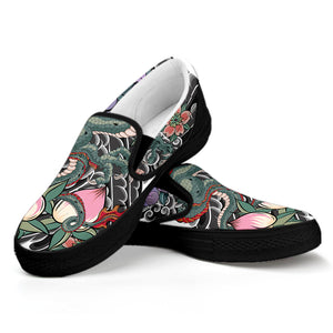 Green Japanese Dragon Tattoo Print Black Slip On Shoes