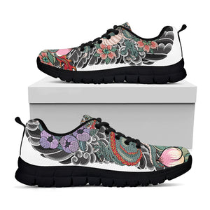 Green Japanese Dragon Tattoo Print Black Sneakers