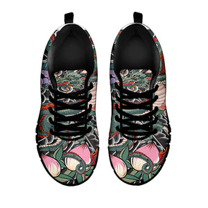 Green Japanese Dragon Tattoo Print Black Sneakers