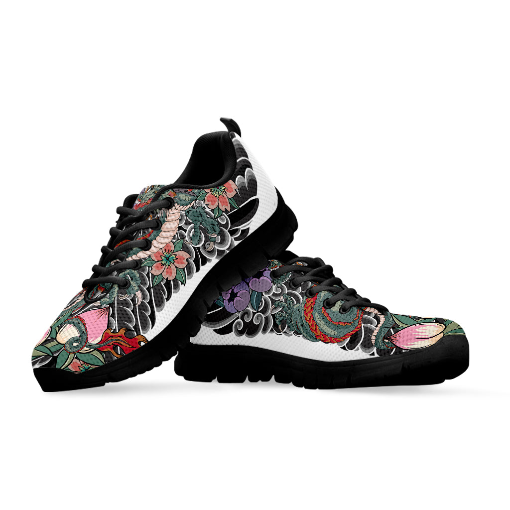 Green Japanese Dragon Tattoo Print Black Sneakers