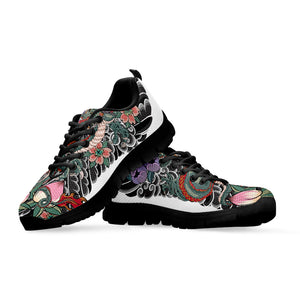 Green Japanese Dragon Tattoo Print Black Sneakers