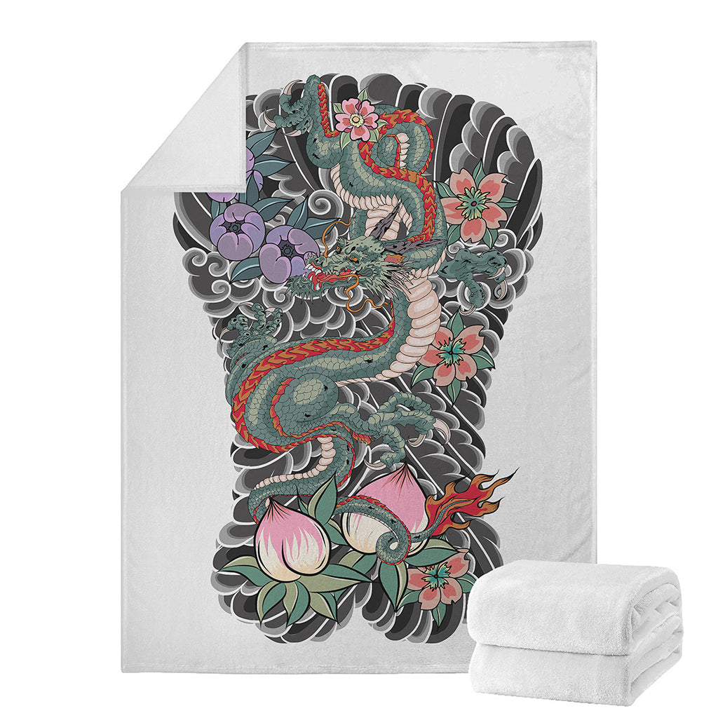 Green Japanese Dragon Tattoo Print Blanket