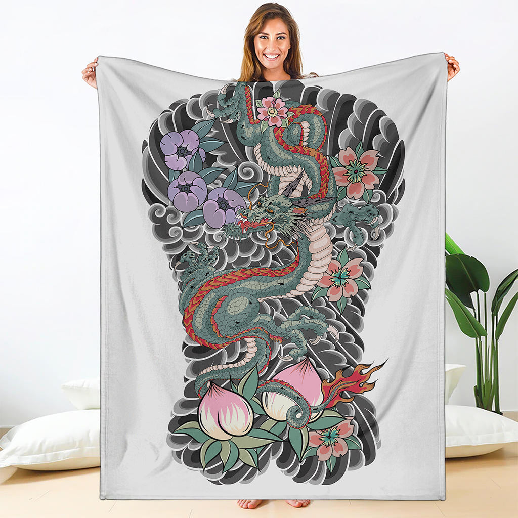 Green Japanese Dragon Tattoo Print Blanket