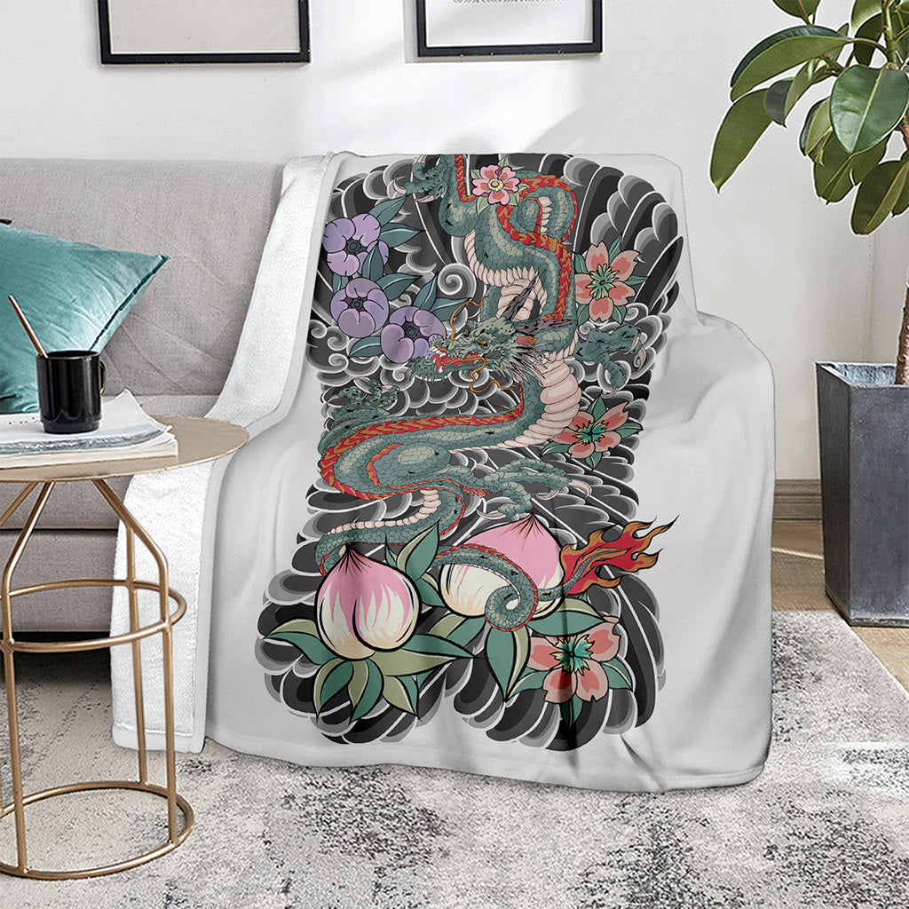 Green Japanese Dragon Tattoo Print Blanket