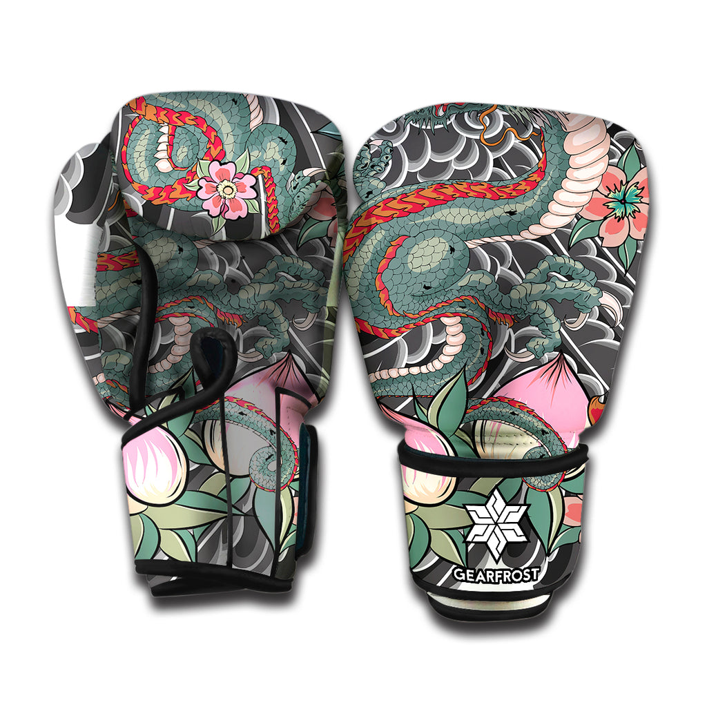 Green Japanese Dragon Tattoo Print Boxing Gloves