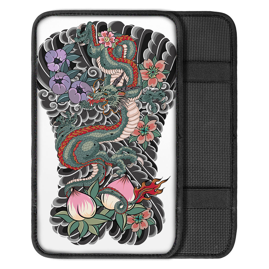 Green Japanese Dragon Tattoo Print Car Center Console Cover