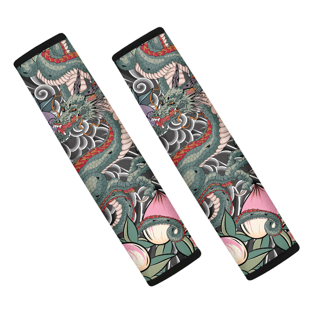 Green Japanese Dragon Tattoo Print Car Seat Belt Covers