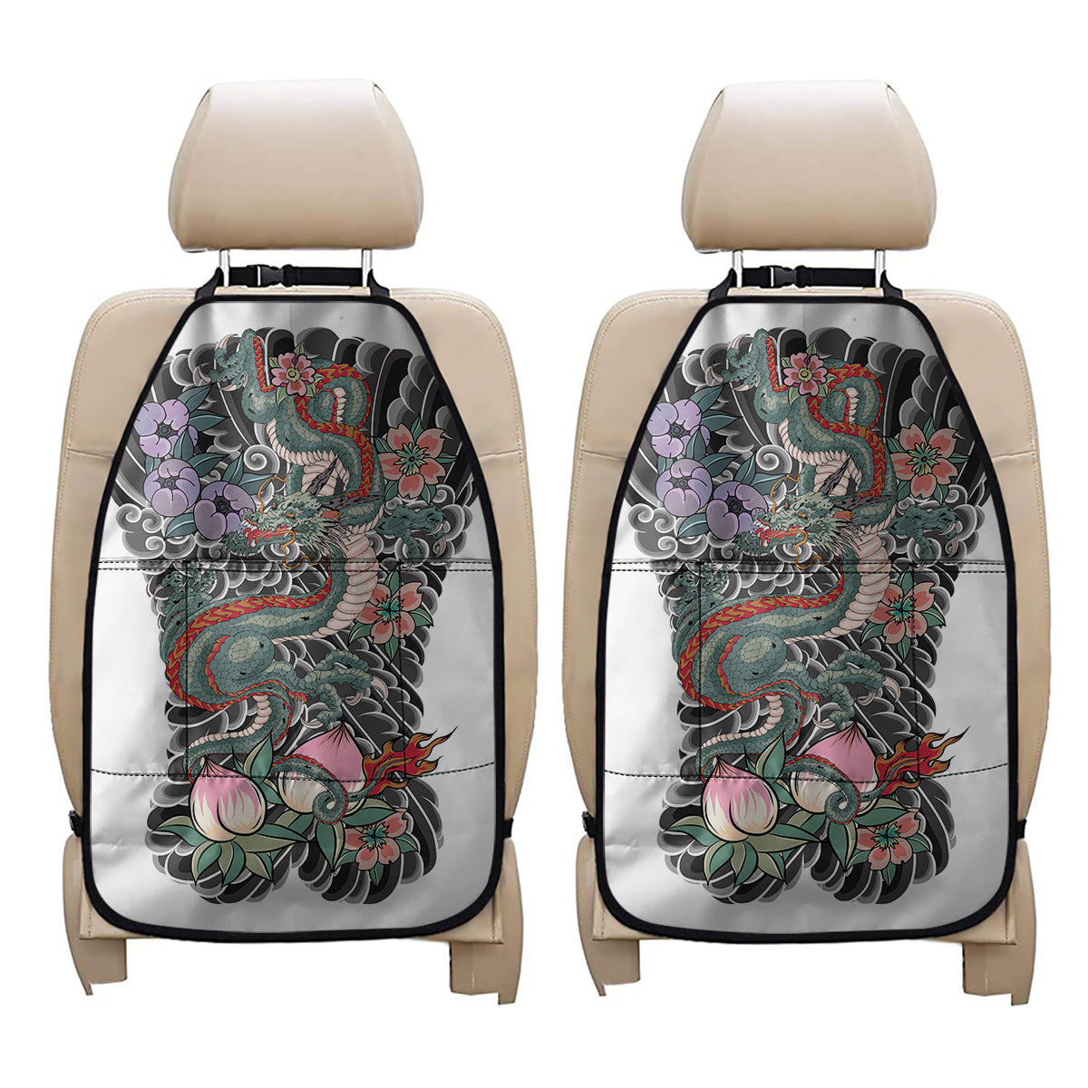 Green Japanese Dragon Tattoo Print Car Seat Organizers