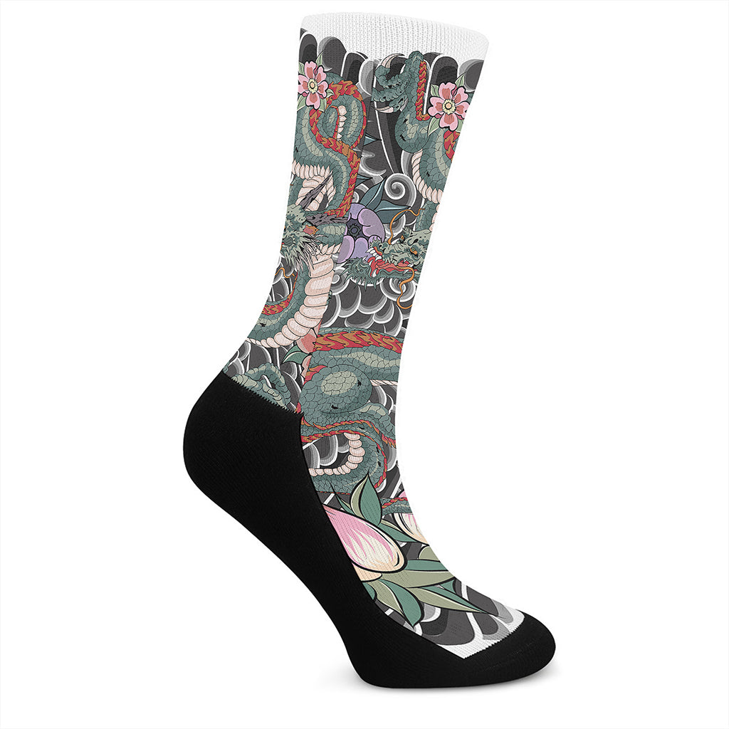 Green Japanese Dragon Tattoo Print Crew Socks