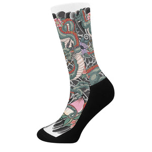 Green Japanese Dragon Tattoo Print Crew Socks