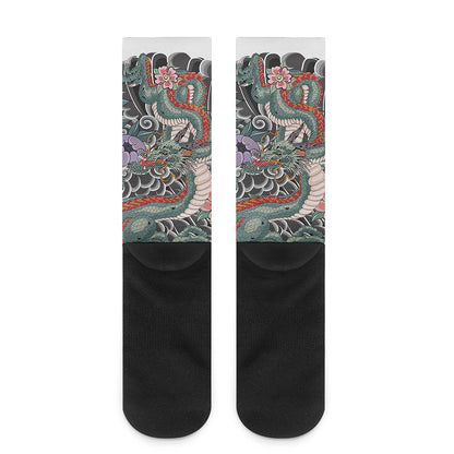 Green Japanese Dragon Tattoo Print Crew Socks