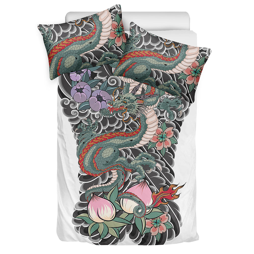 Green Japanese Dragon Tattoo Print Duvet Cover Bedding Set