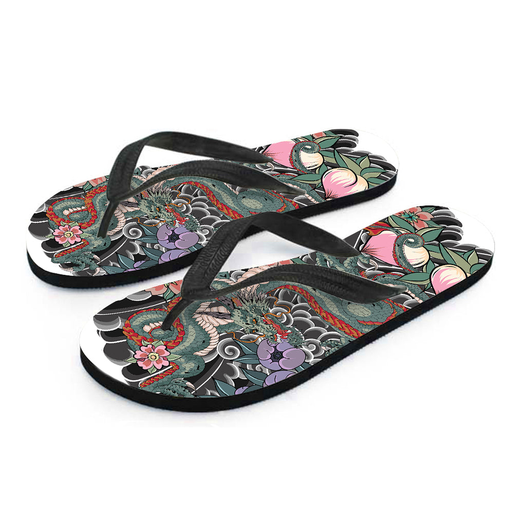 Green Japanese Dragon Tattoo Print Flip Flops