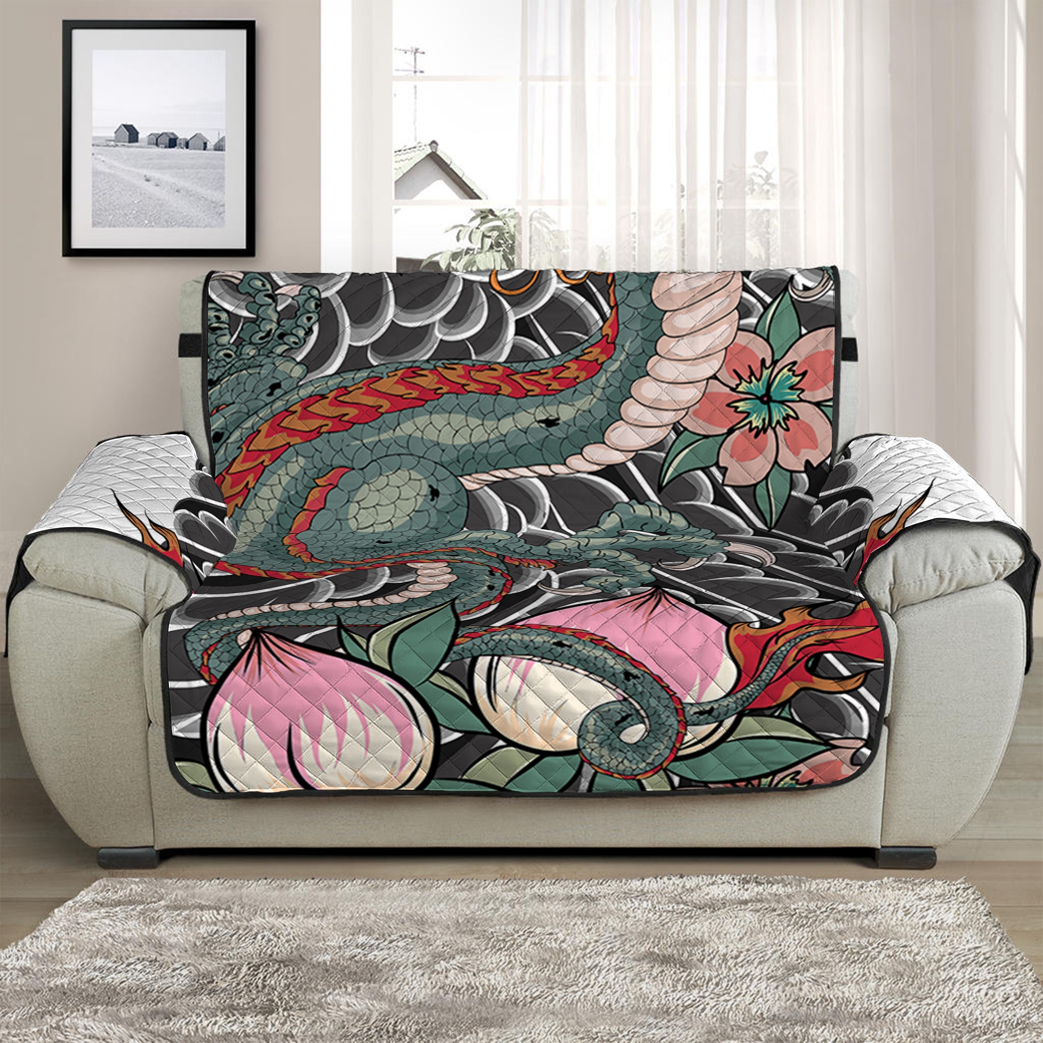 Green Japanese Dragon Tattoo Print Half Sofa Protector