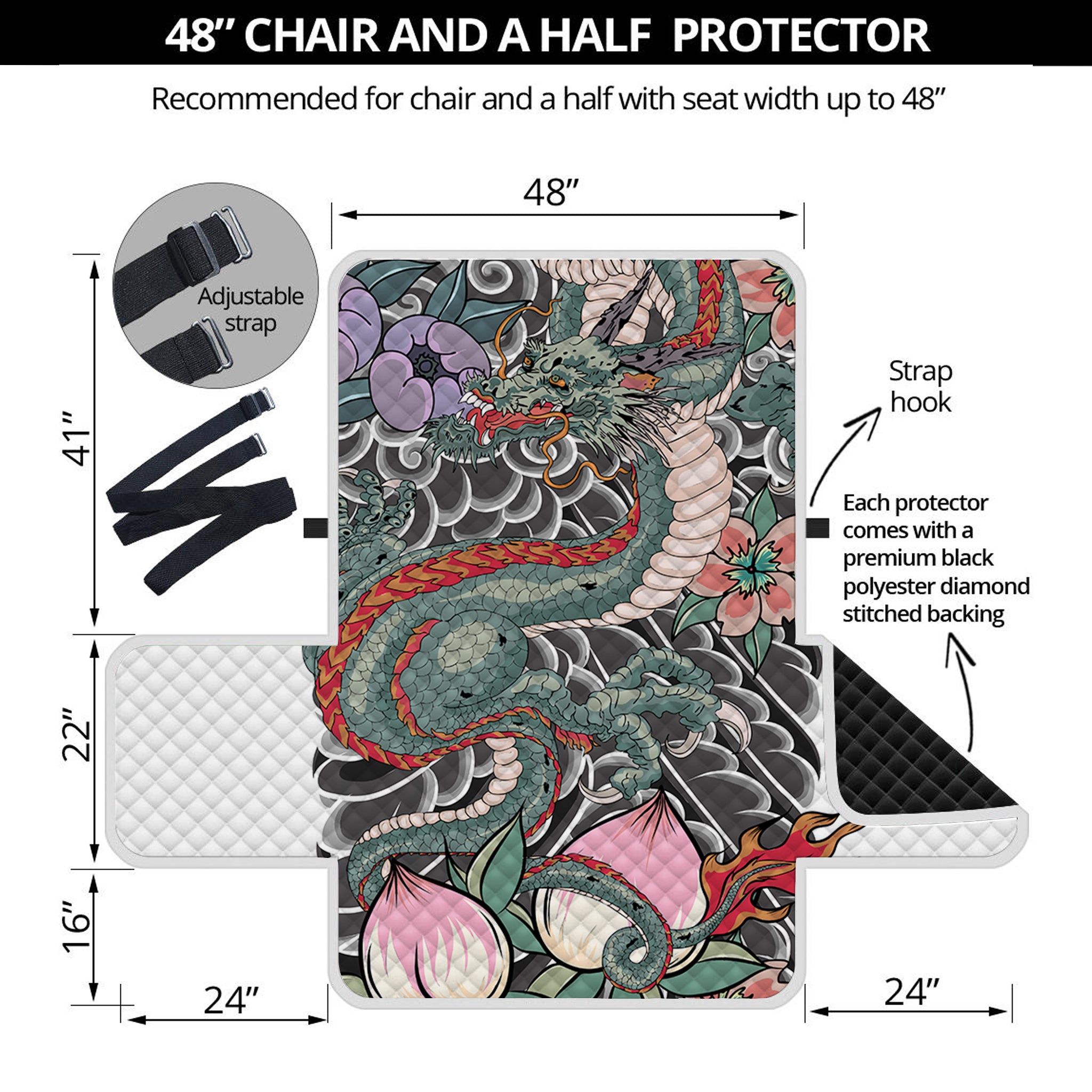 Green Japanese Dragon Tattoo Print Half Sofa Protector