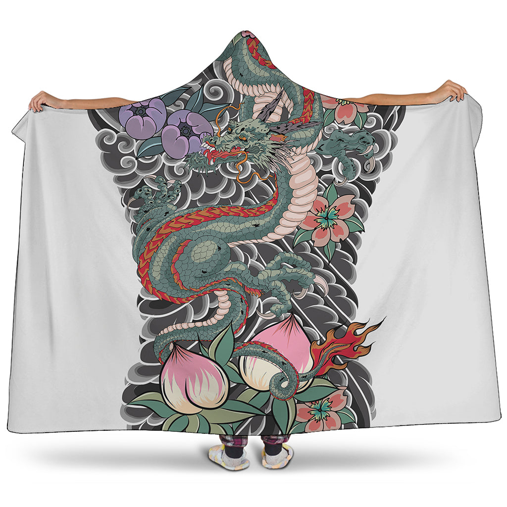 Green Japanese Dragon Tattoo Print Hooded Blanket