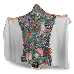 Green Japanese Dragon Tattoo Print Hooded Blanket