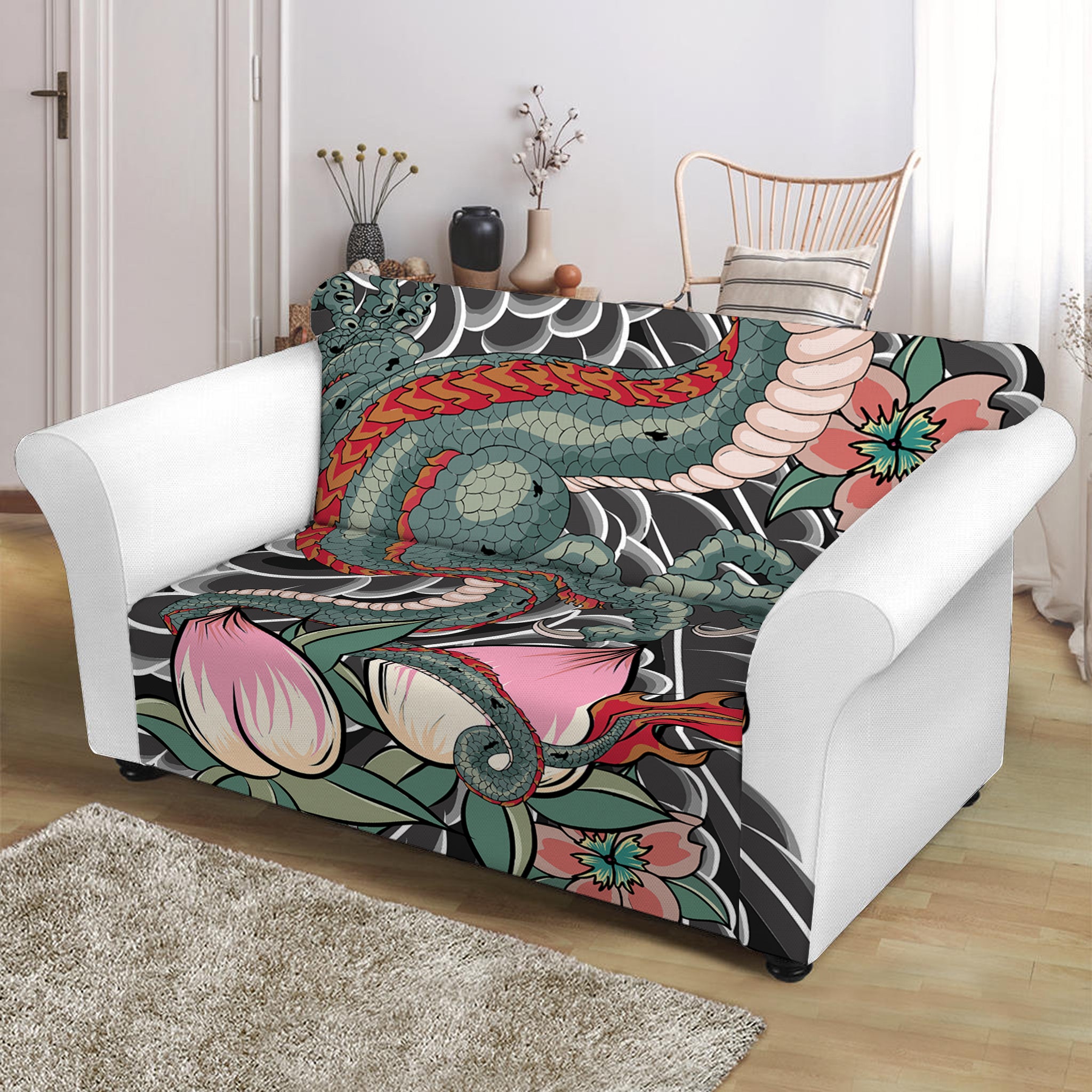 Green Japanese Dragon Tattoo Print Loveseat Slipcover